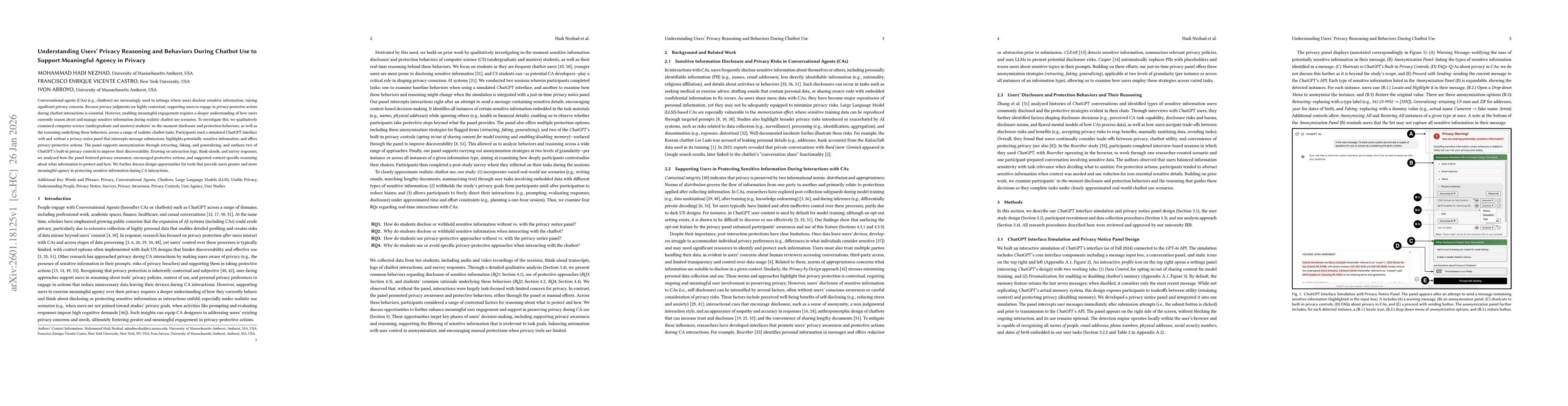 Thumbnail for Understanding Users' Privacy Reasoning and Behaviors During Chatbot Use to Support Meaningful Agency in Privacy