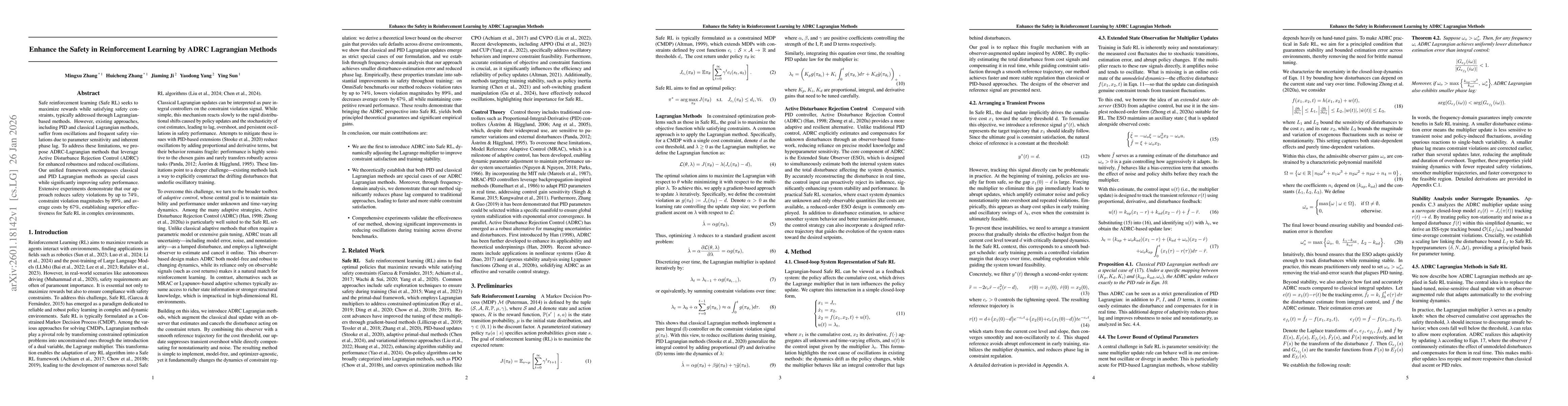 Thumbnail for Enhance the Safety in Reinforcement Learning by ADRC Lagrangian Methods