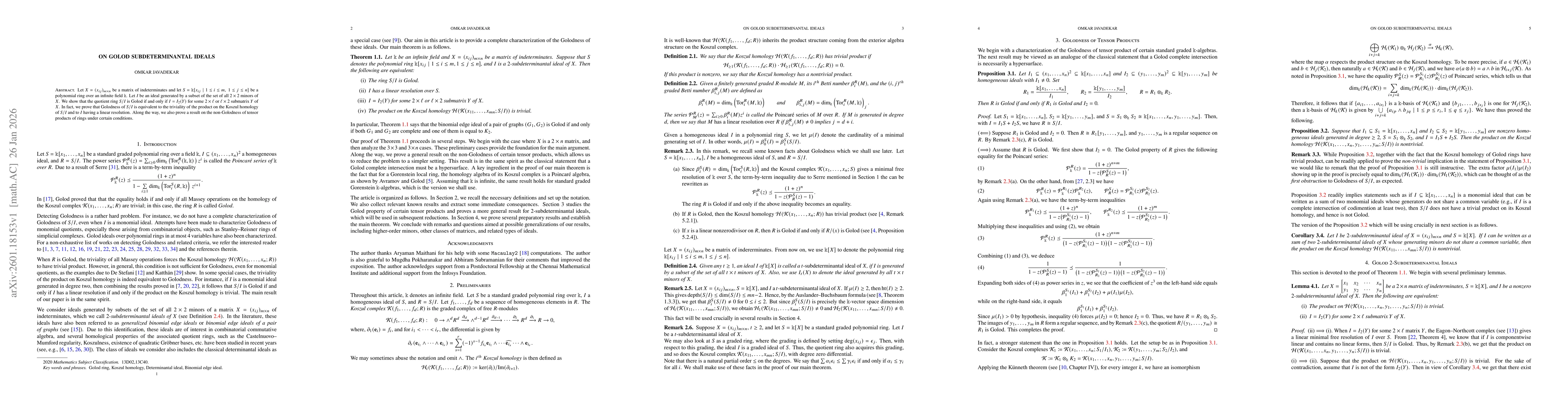 Thumbnail for On Golod Subdeterminantal Ideals