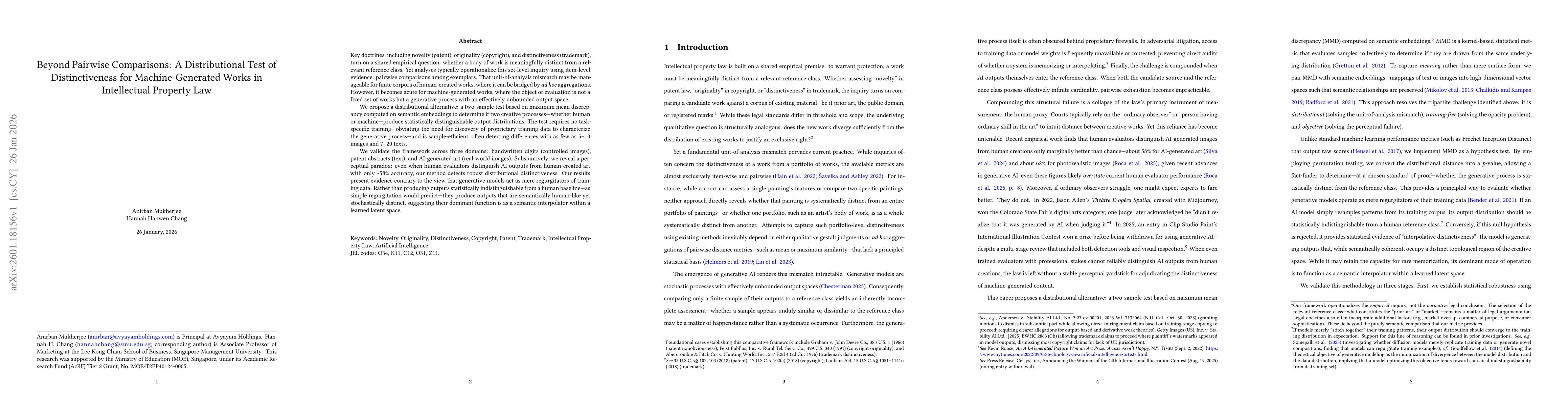 Thumbnail for Beyond Pairwise Comparisons: A Distributional Test of Distinctiveness for Machine-Generated Works in Intellectual Property Law