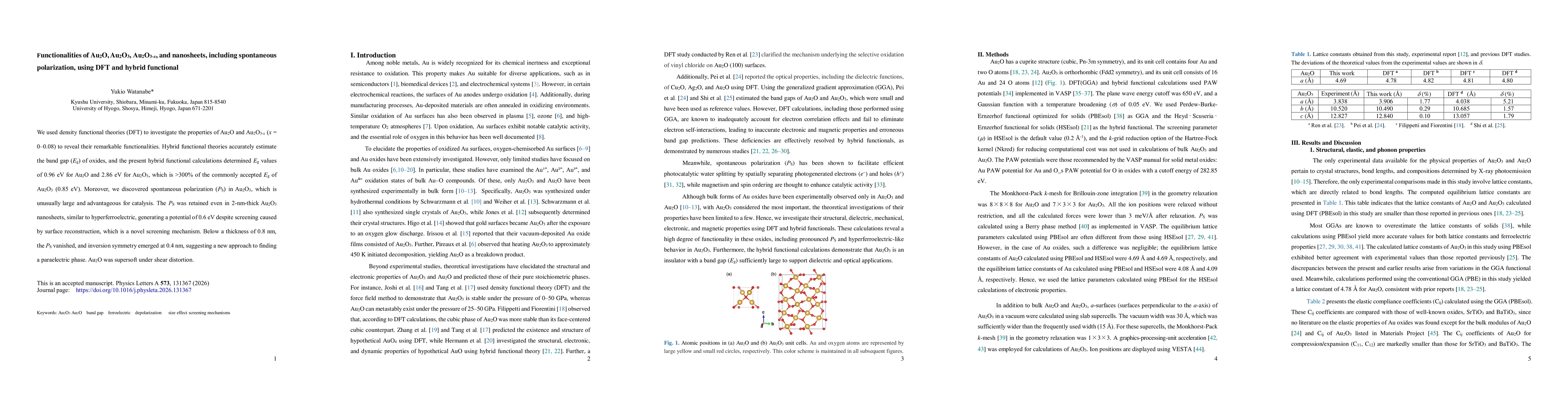 Thumbnail for Functionalities of Au2O, Au2O3, Au2O3-x, and nanosheets, including spontaneous polarization, using DFT and hybrid functional
