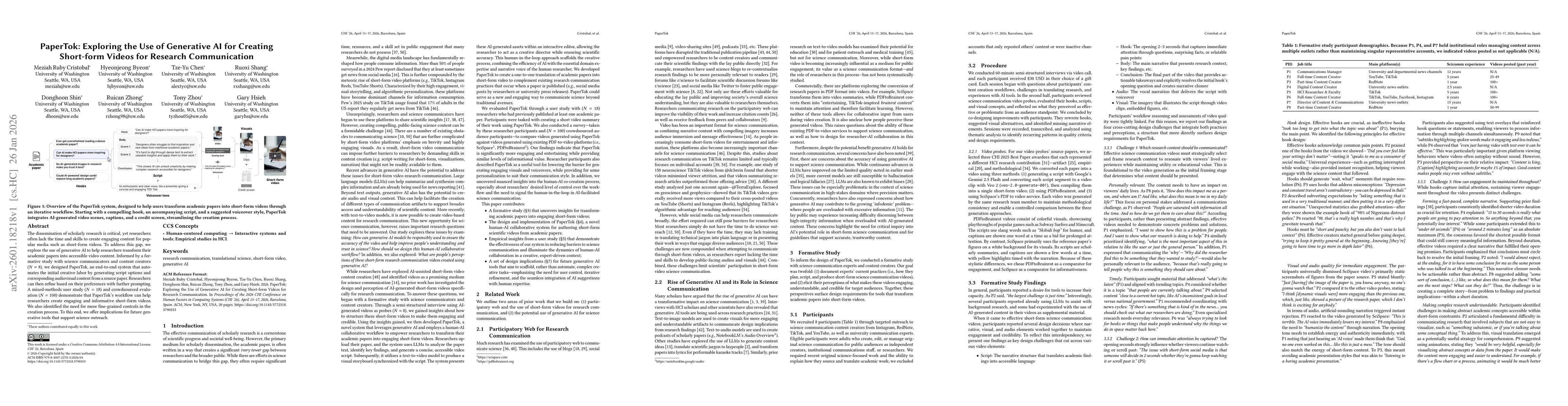 Thumbnail for PaperTok: Exploring the Use of Generative AI for Creating Short-form Videos for Research Communication