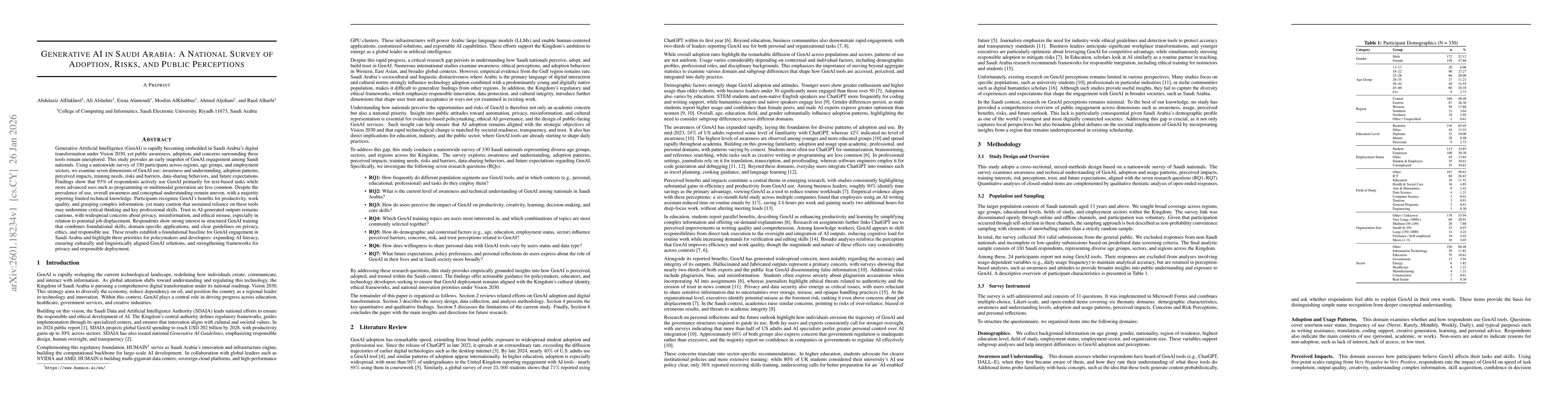 Thumbnail for Generative AI in Saudi Arabia: A National Survey of Adoption, Risks, and Public Perceptions