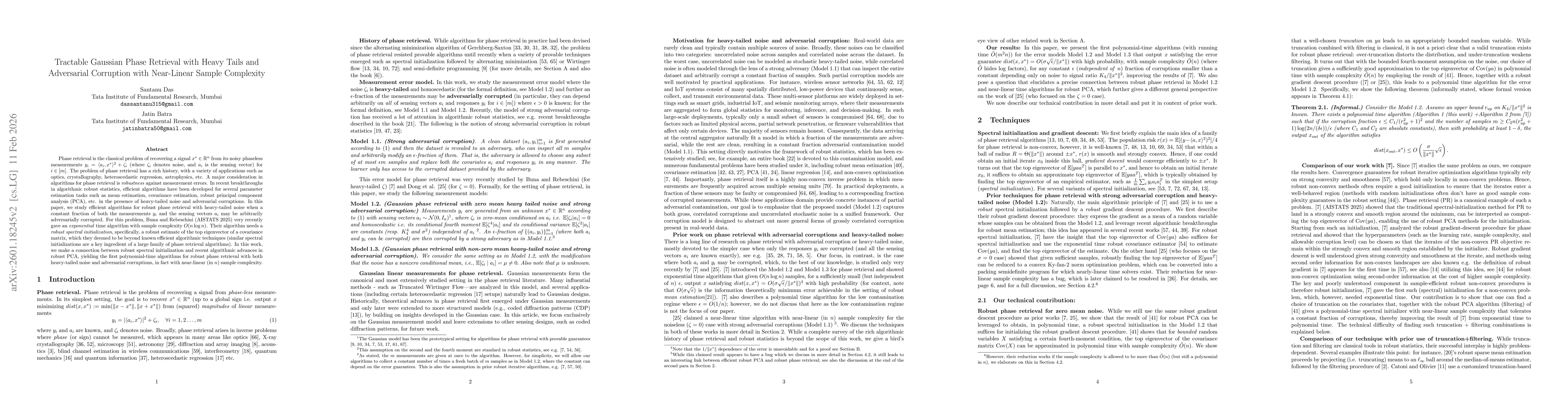 Thumbnail for Tractable Gaussian Phase Retrieval with Heavy Tails and Adversarial Corruption with Near-Linear Sample Complexity