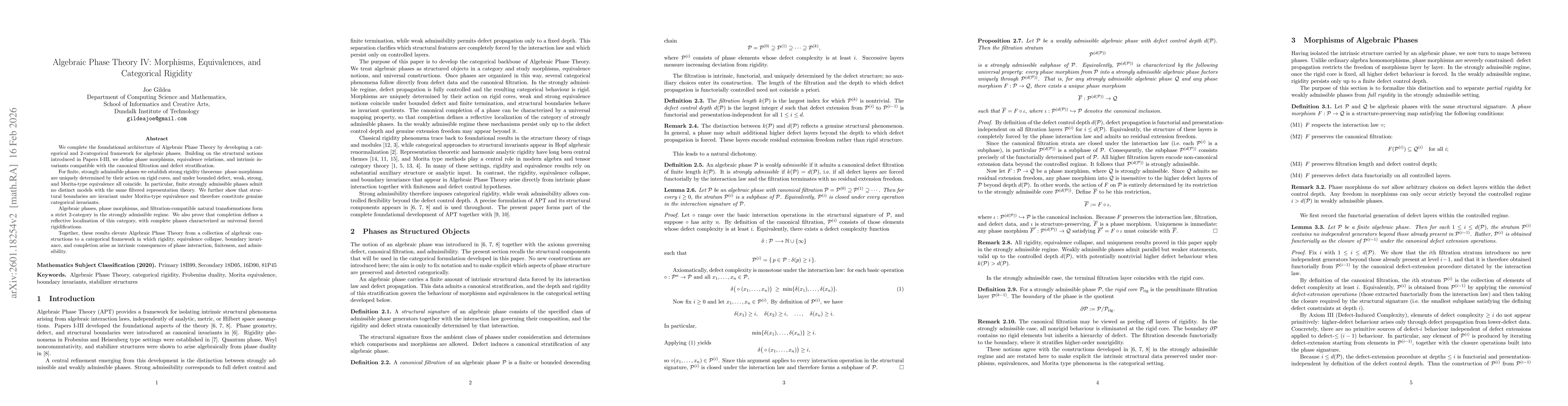 Thumbnail for Algebraic Phase Theory IV: Morphisms, Equivalences, and Categorical Rigidity