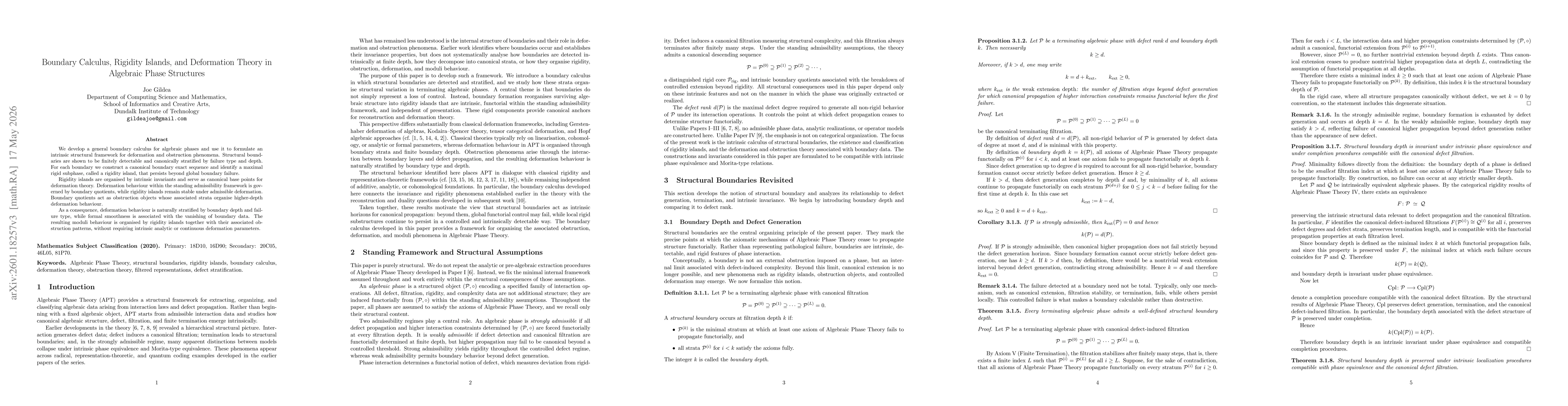 Thumbnail for Algebraic Phase Theory V: Boundary Calculus, Rigidity Islands, and Deformation Theory