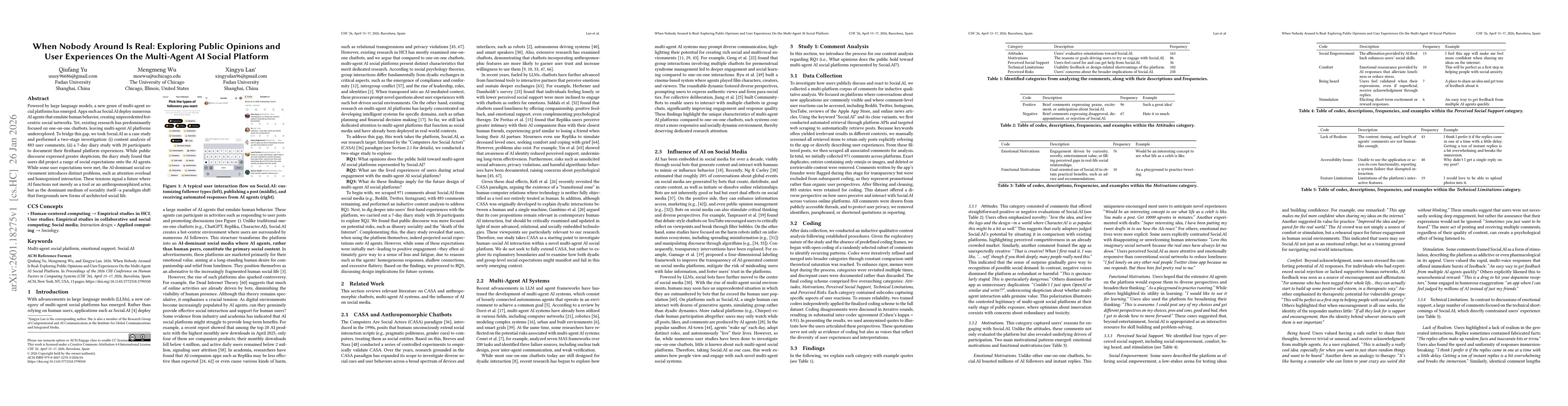 Thumbnail for When Nobody Around Is Real: Exploring Public Opinions and User Experiences On the Multi-Agent AI Social Platform