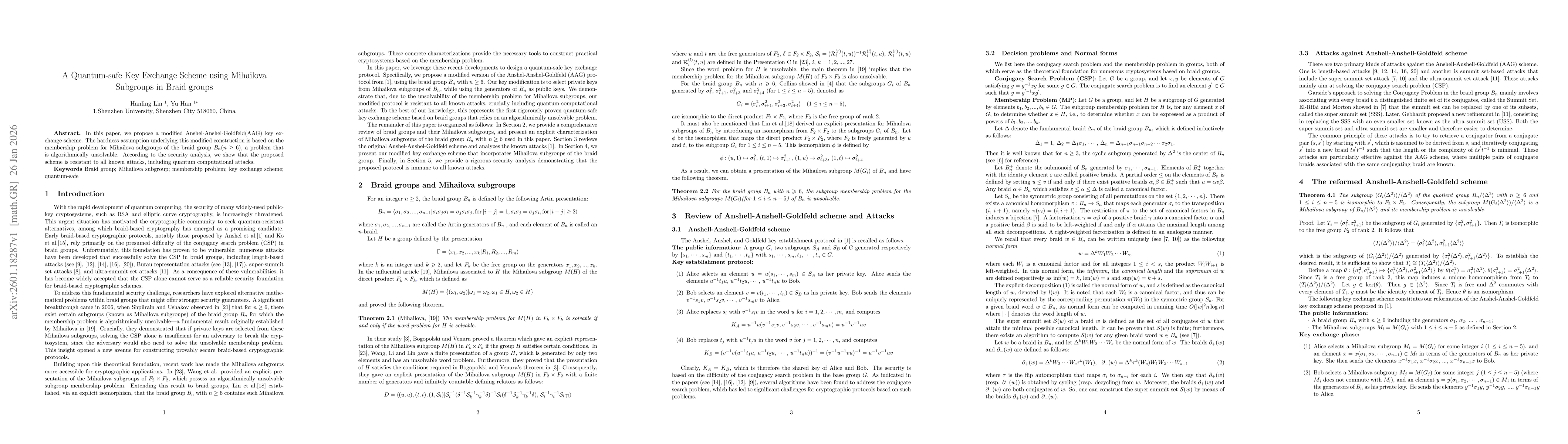 Thumbnail for A Quantum-safe Key Exchange Scheme using Mihailova Subgroups in Braid groups