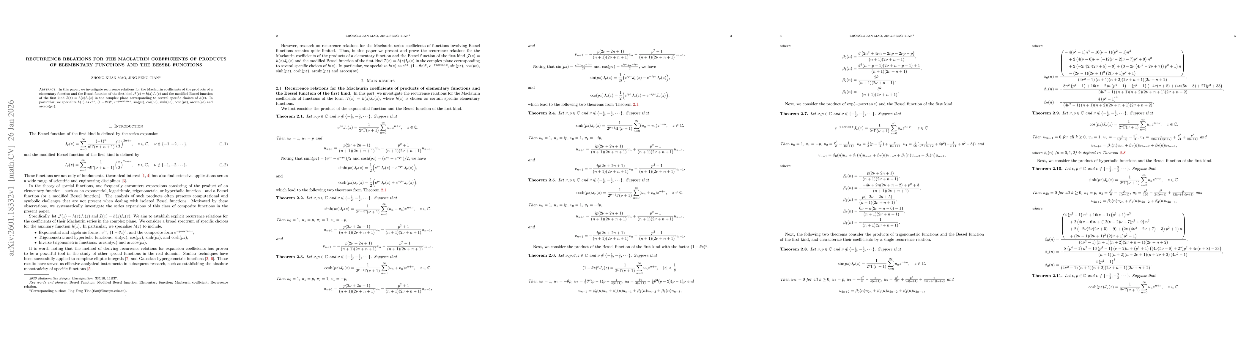 Thumbnail for Recurrence Relations for the Maclaurin Coefficients of Products of Elementary Functions and the Bessel Functions
