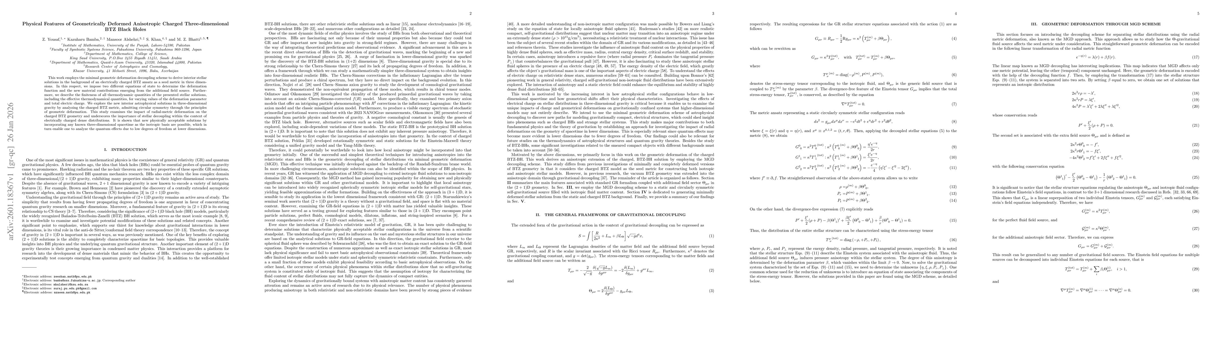 Thumbnail for Physical Features of Geometrically Deformed Anisotropic Charged Three-dimensional BTZ Black Holes