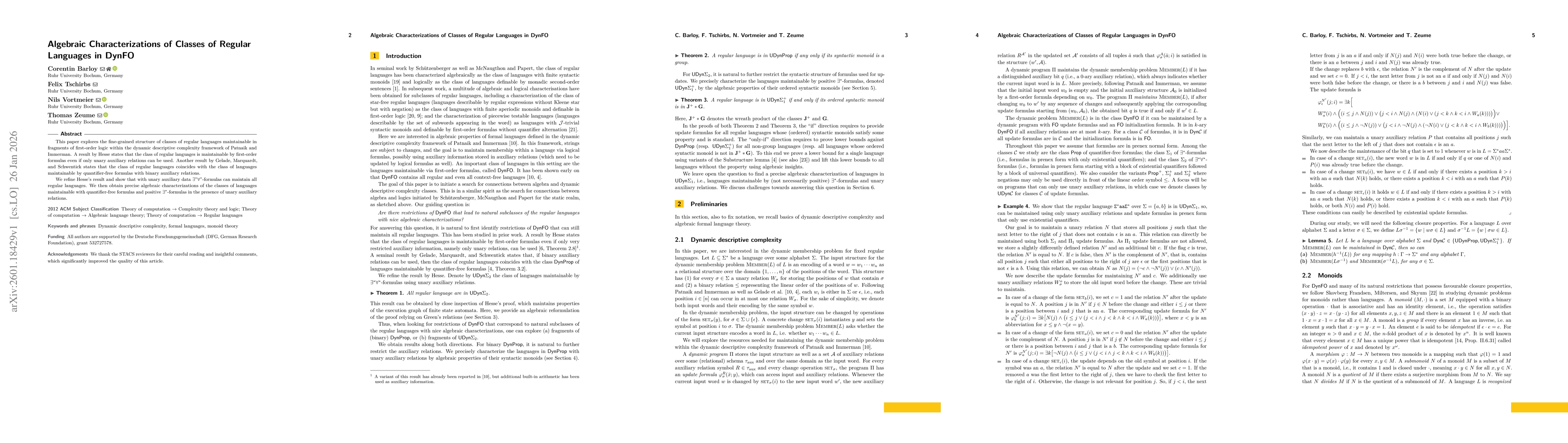 Thumbnail for Algebraic Characterizations of Classes of Regular Languages in DynFO