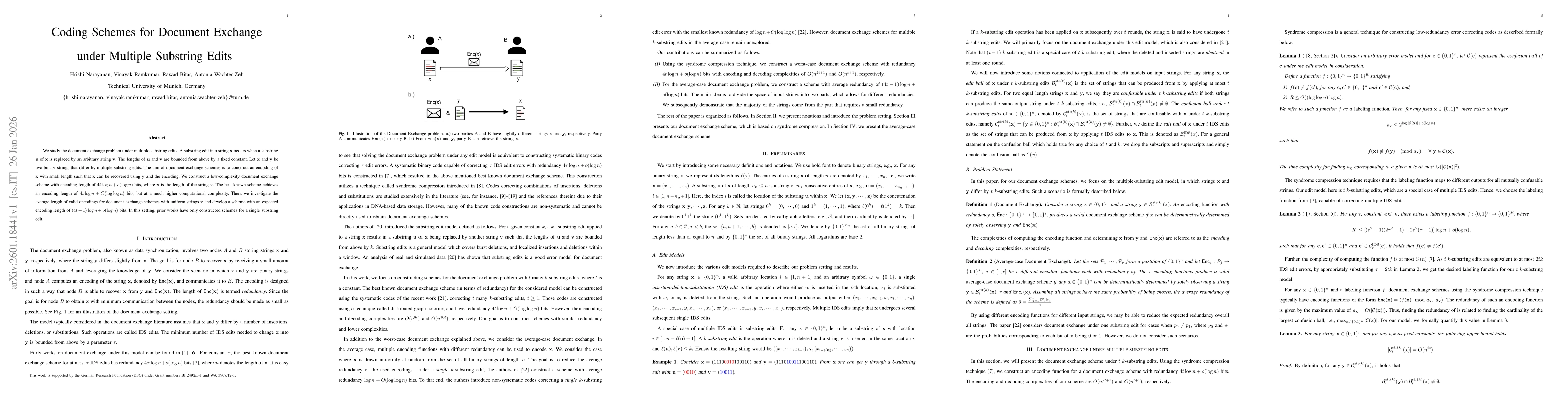 Thumbnail for Coding Schemes for Document Exchange under Multiple Substring Edits