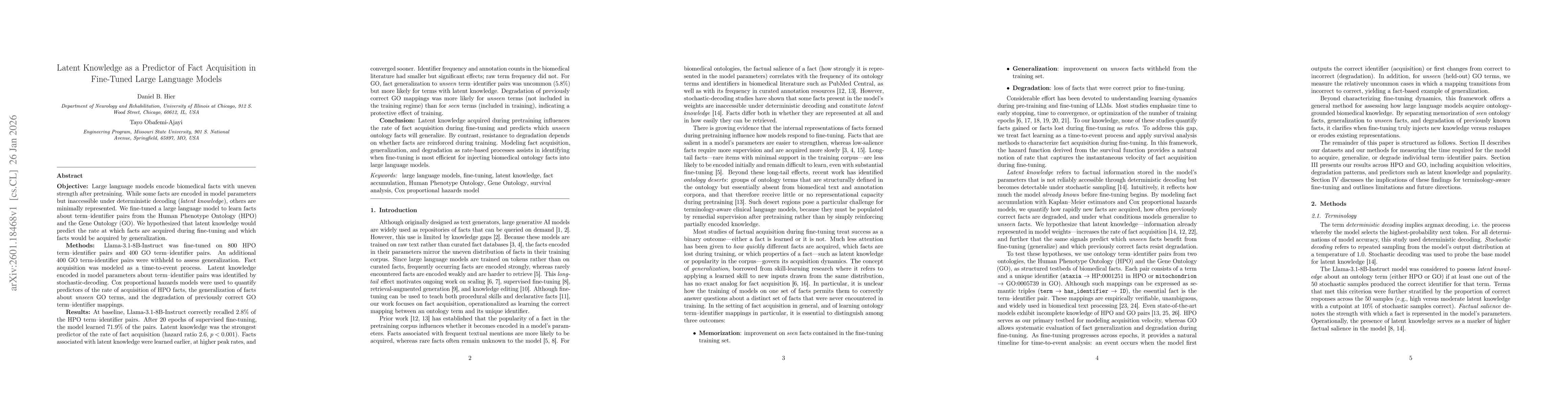 Thumbnail for Latent Knowledge as a Predictor of Fact Acquisition in Fine-Tuned Large Language Models