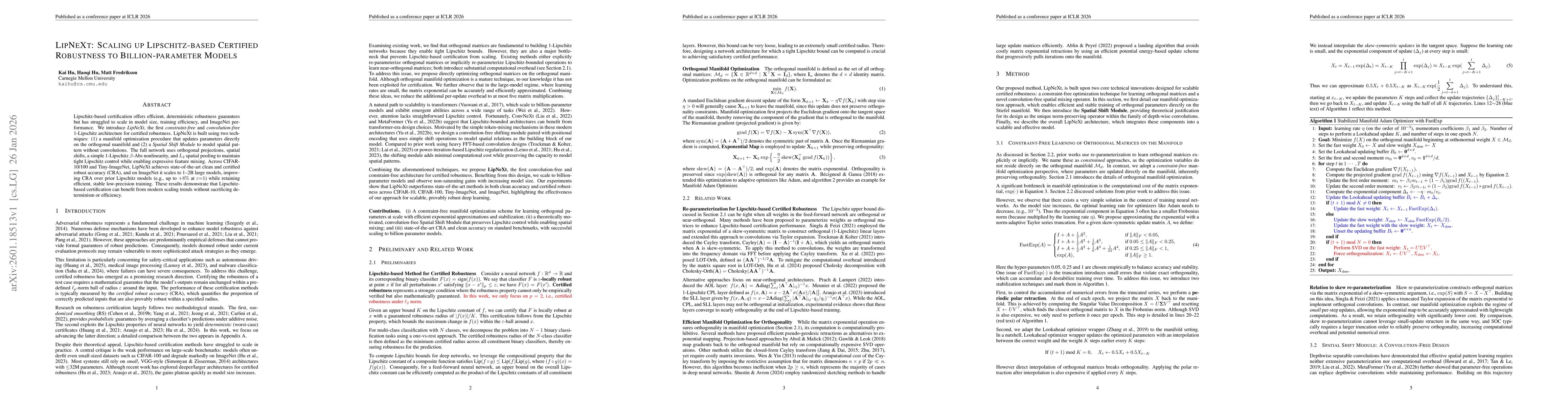 Thumbnail for LipNeXt: Scaling up Lipschitz-based Certified Robustness to Billion-parameter Models