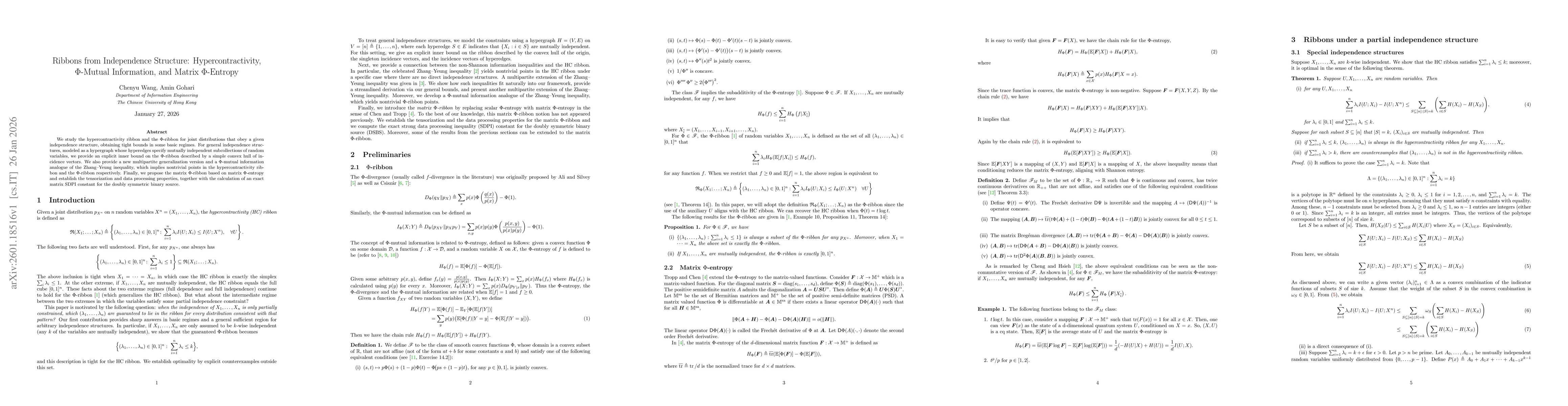 Thumbnail for Ribbons from Independence Structure: Hypercontractivity, $Φ$-Mutual Information, and Matrix $Φ$-Entropy
