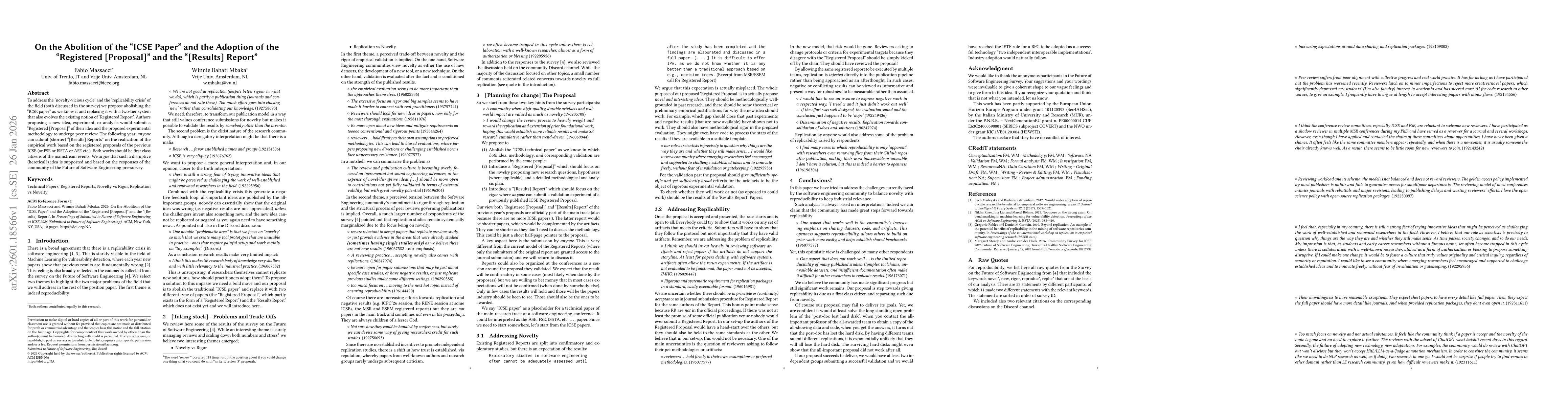 Thumbnail for On the Abolition of the "ICSE Paper" and the Adoption of the "Registered Proposal" and the "Results Report"