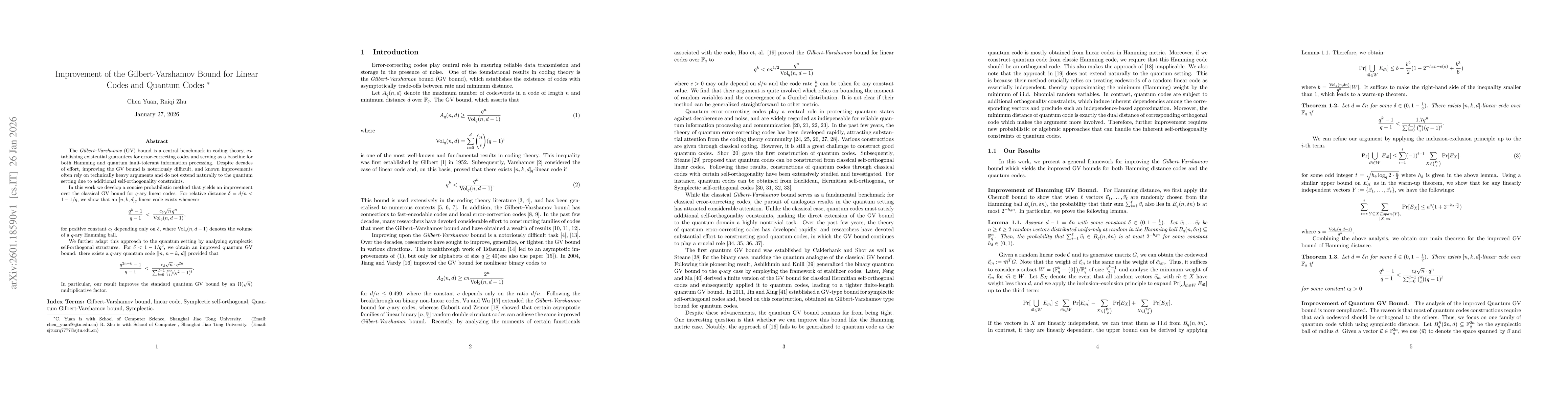 Thumbnail for Improvement of the Gilbert-Varshamov Bound for Linear Codes and Quantum Codes