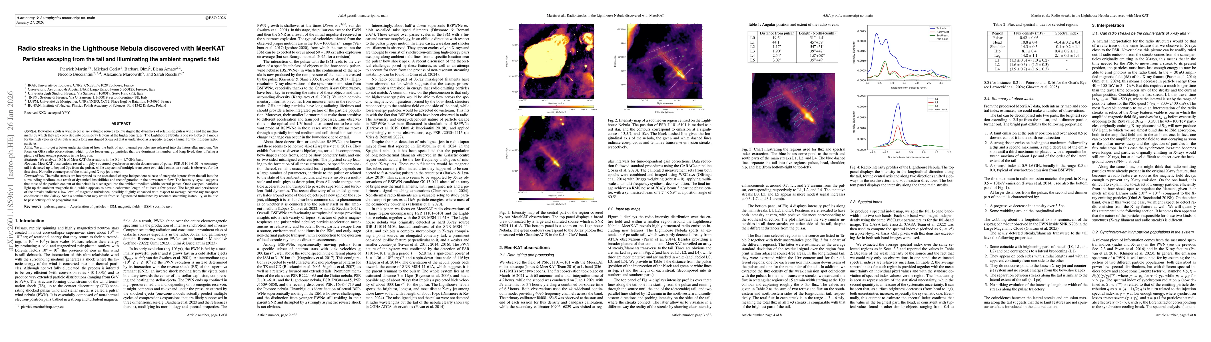 Thumbnail for Radio streaks in the Lighthouse Nebula discovered with MeerKAT -- Particles escaping from the tail and illuminating the ambient magnetic field