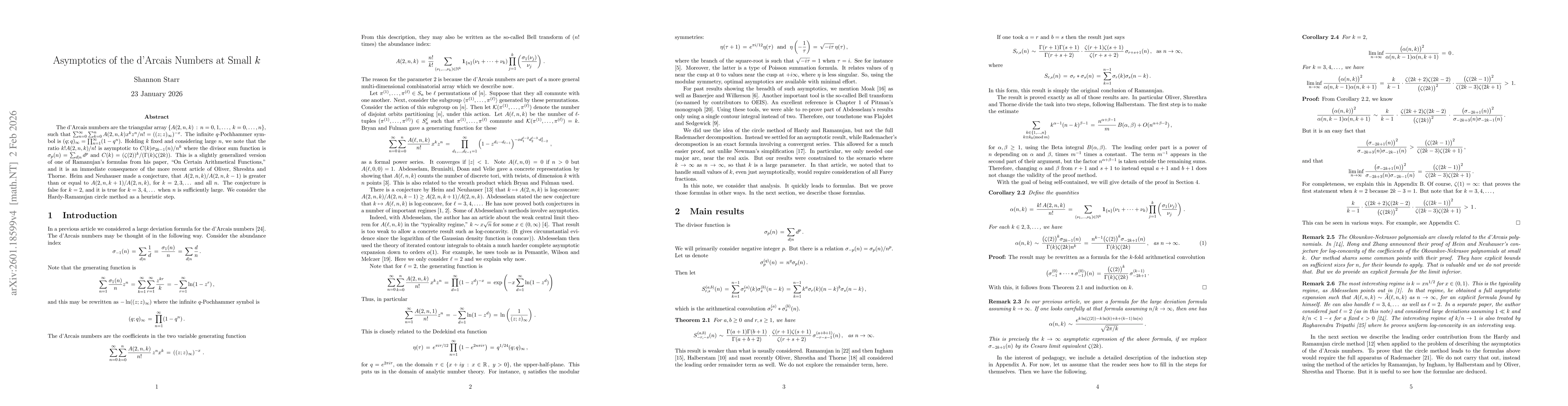 Thumbnail for Asymptotics of the d'Arcais Numbers at Small $k$
