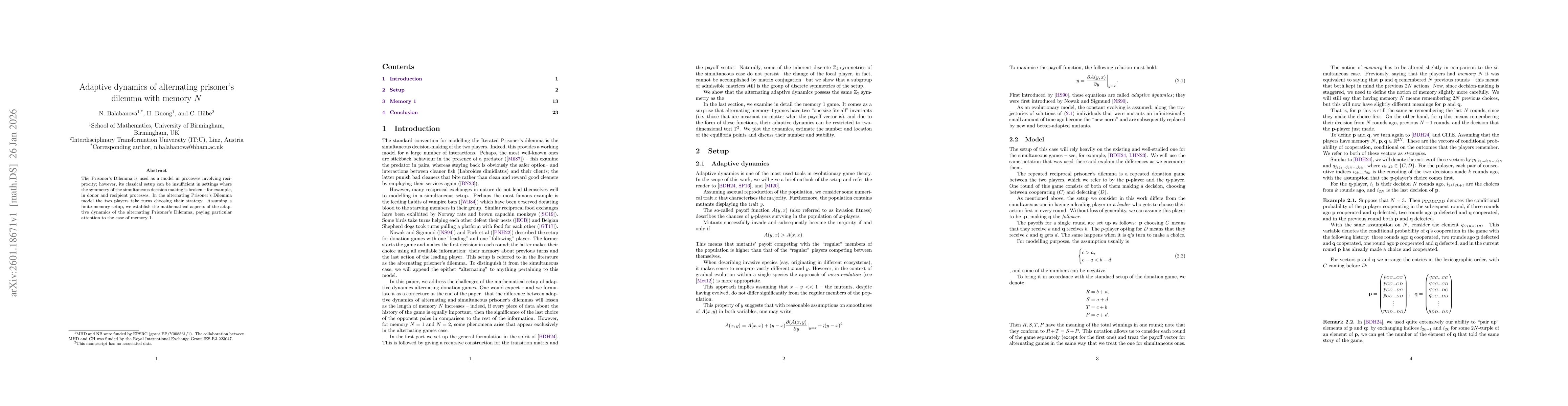 Thumbnail for Adaptive dynamics of alternating Prisoner's Dilemma with memory N