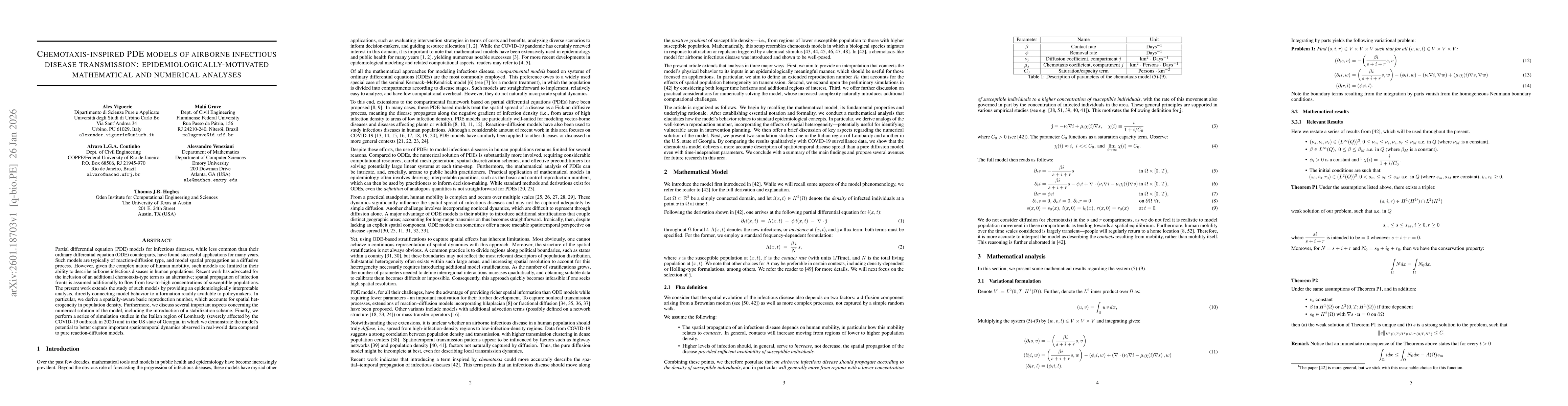 Thumbnail for Chemotaxis-inspired PDE models of airborne infectious disease transmission: epidemiologically-motivated mathematical and numerical analyses
