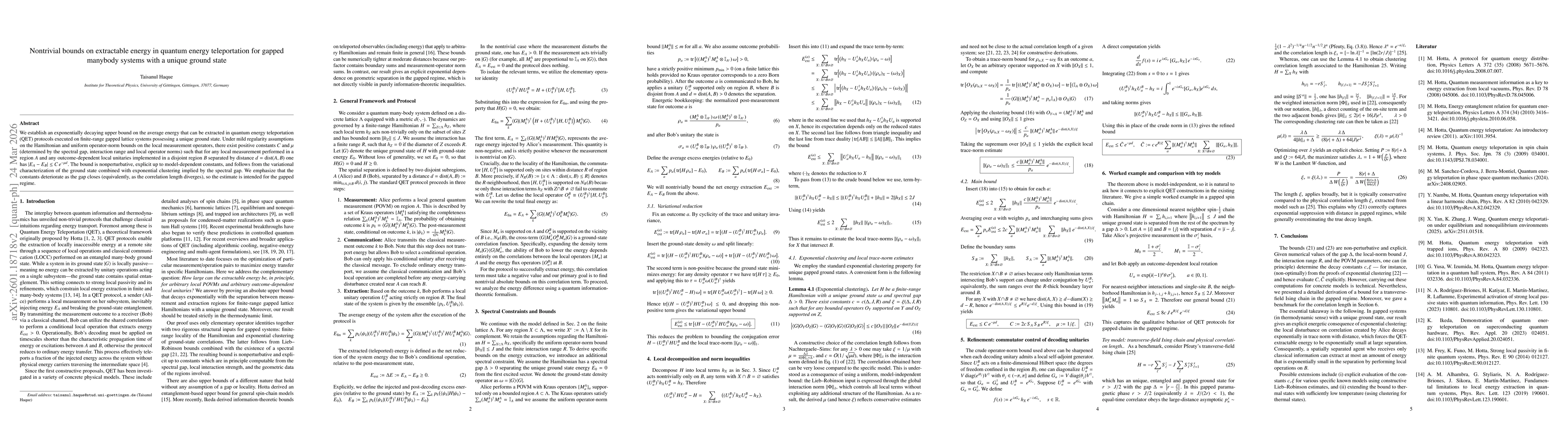 Thumbnail for Nontrivial bounds on extractable energy in quantum energy teleportation for gapped manybody systems with a unique ground state