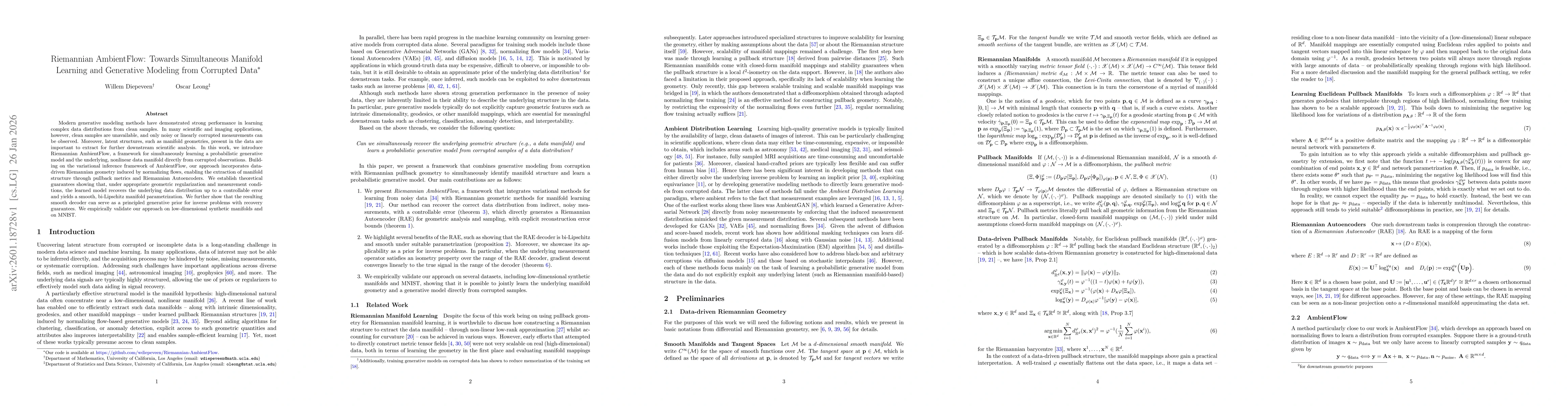 Thumbnail for Riemannian AmbientFlow: Towards Simultaneous Manifold Learning and Generative Modeling from Corrupted Data