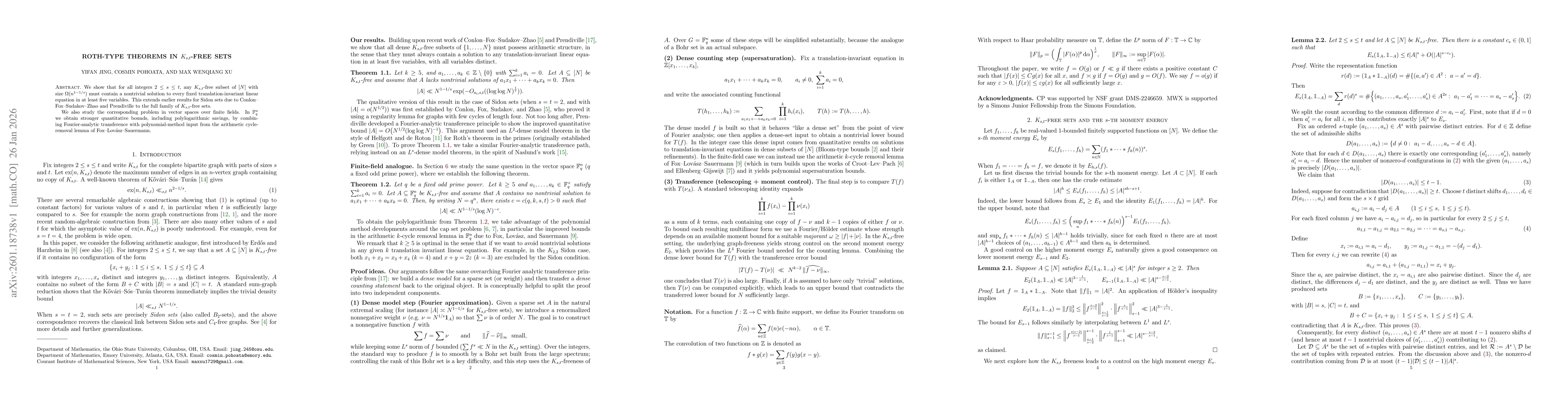 Thumbnail for Roth-type theorems in $K_{s,t}$-free sets