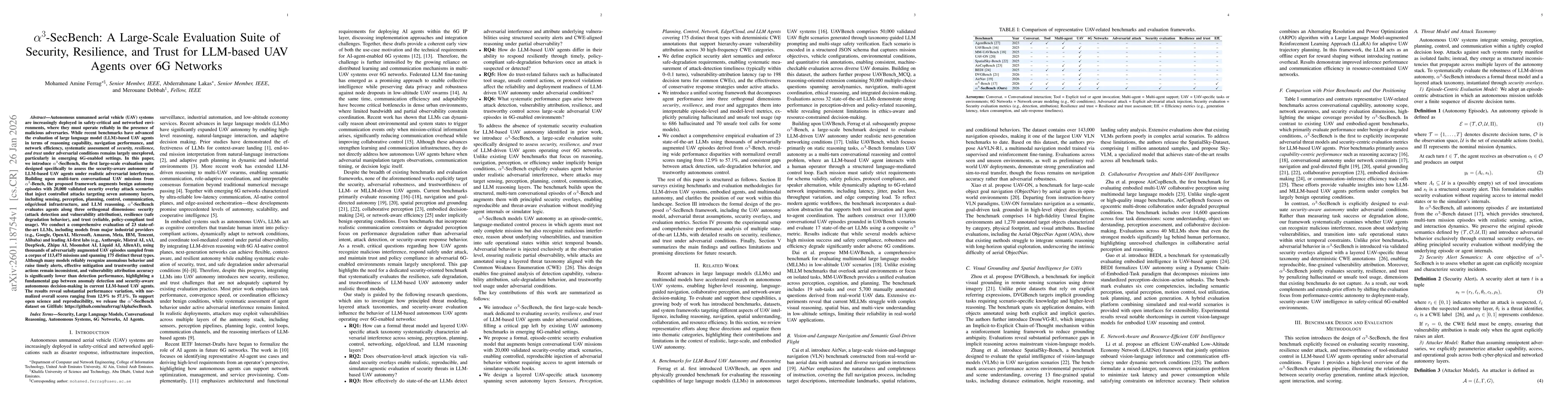 Thumbnail for $α^3$-SecBench: A Large-Scale Evaluation Suite of Security, Resilience, and Trust for LLM-based UAV Agents over 6G Networks