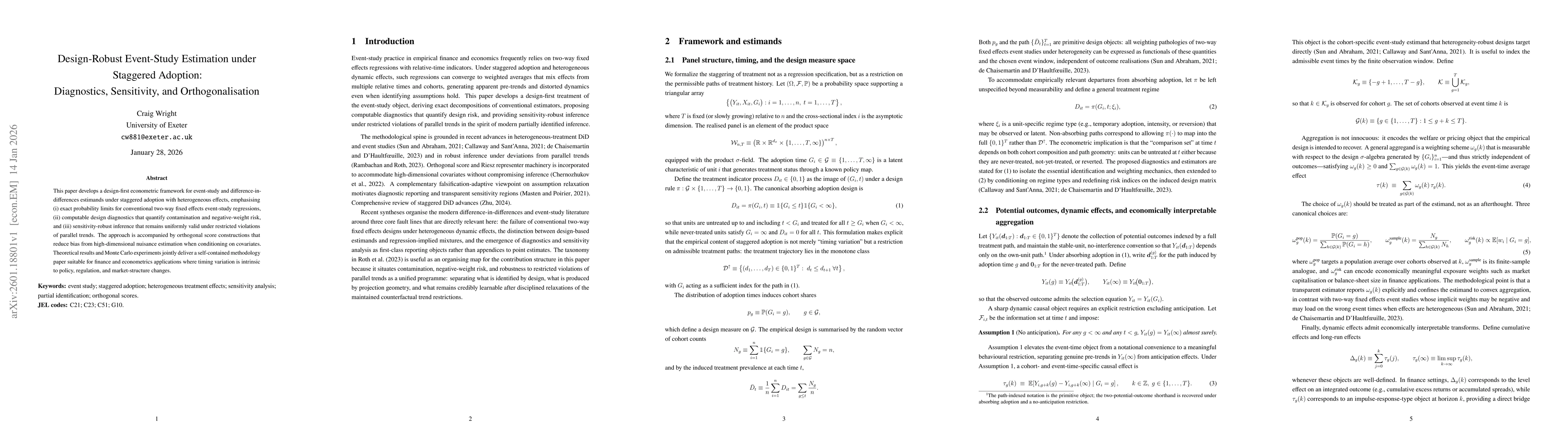 Thumbnail for Design-Robust Event-Study Estimation under Staggered Adoption Diagnostics, Sensitivity, and Orthogonalisation