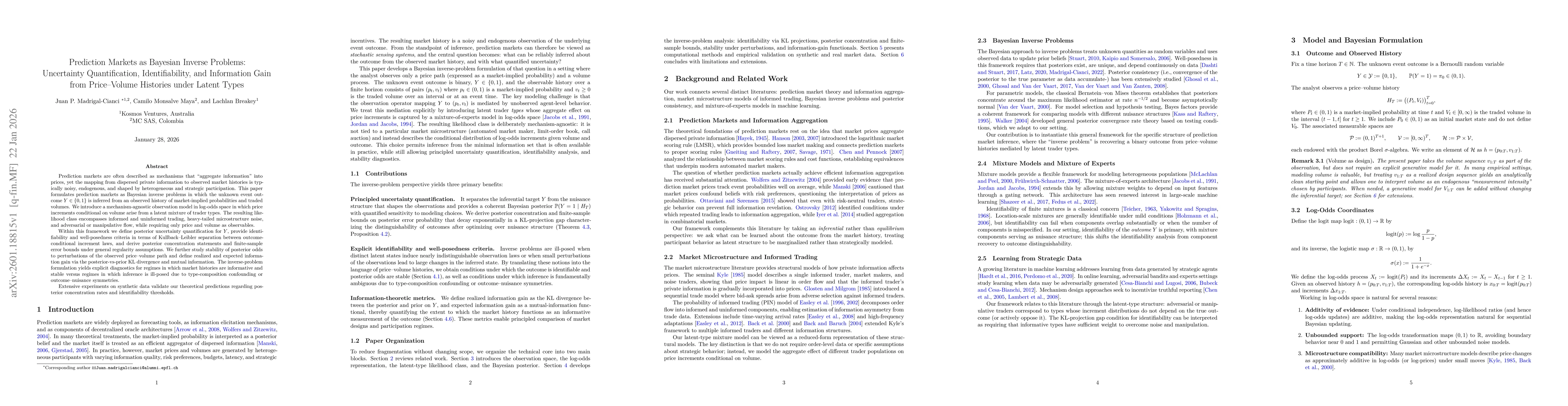 Thumbnail for Prediction Markets as Bayesian Inverse Problems: Uncertainty Quantification, Identifiability, and Information Gain from Price-Volume Histories under Latent Types