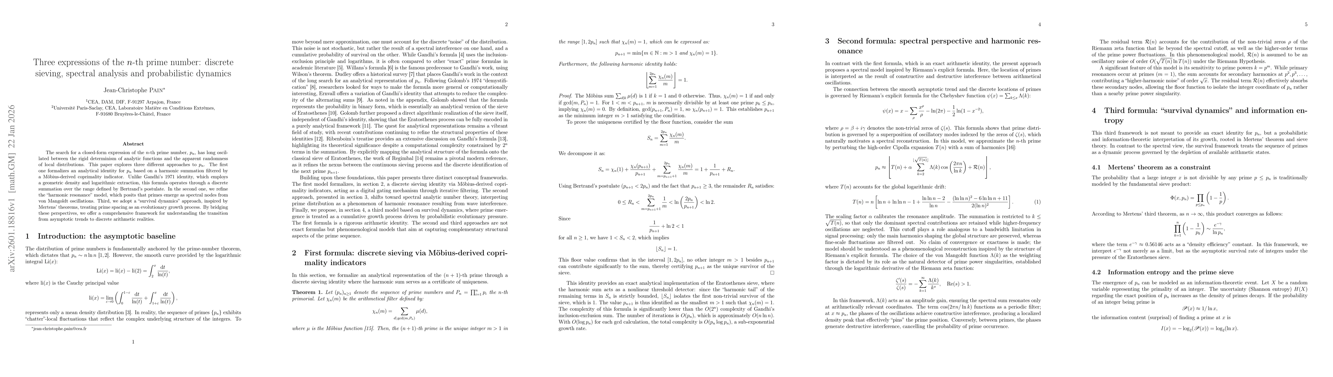 Thumbnail for Three expressions of the $n$-th prime number: discrete sieving, spectral analysis and probabilistic dynamics