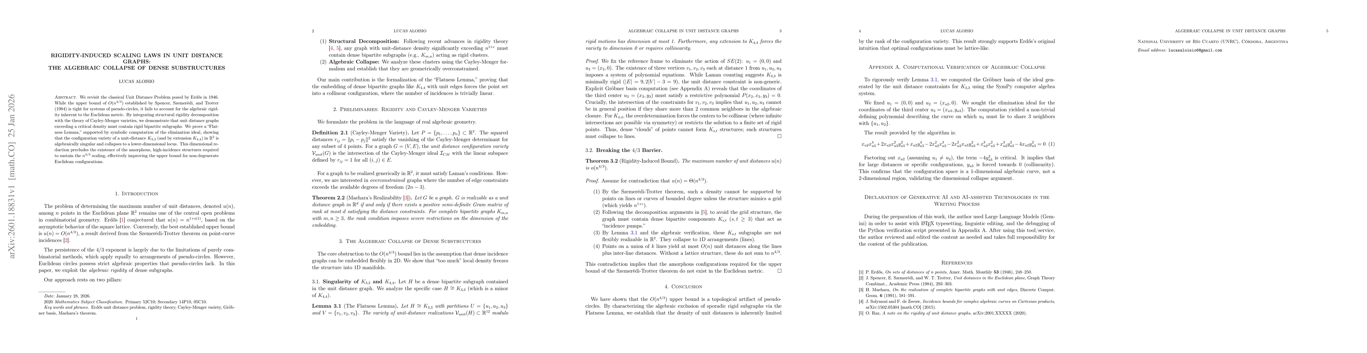Thumbnail for Rigidity-Induced Scaling Laws in Unit Distance Graphs: The Algebraic Collapse of Dense Substructures