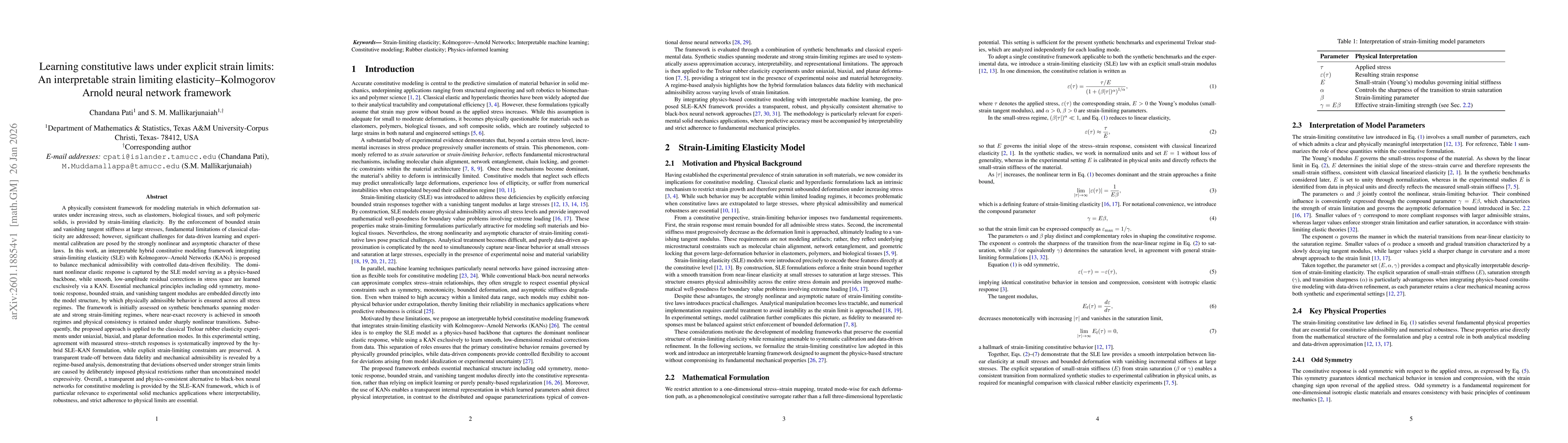 Thumbnail for Learning constitutive laws under explicit strain limits: An interpretable strain-limiting elasticity--Kolmogorov Arnold neural network framework