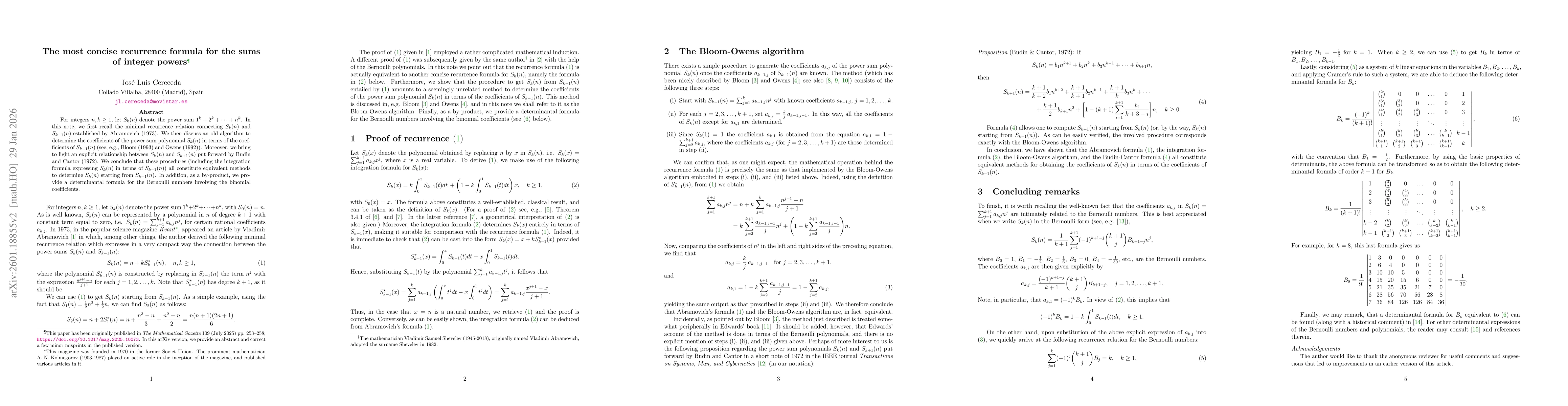 Thumbnail for The most concise recurrence formula for the sums of integer powers