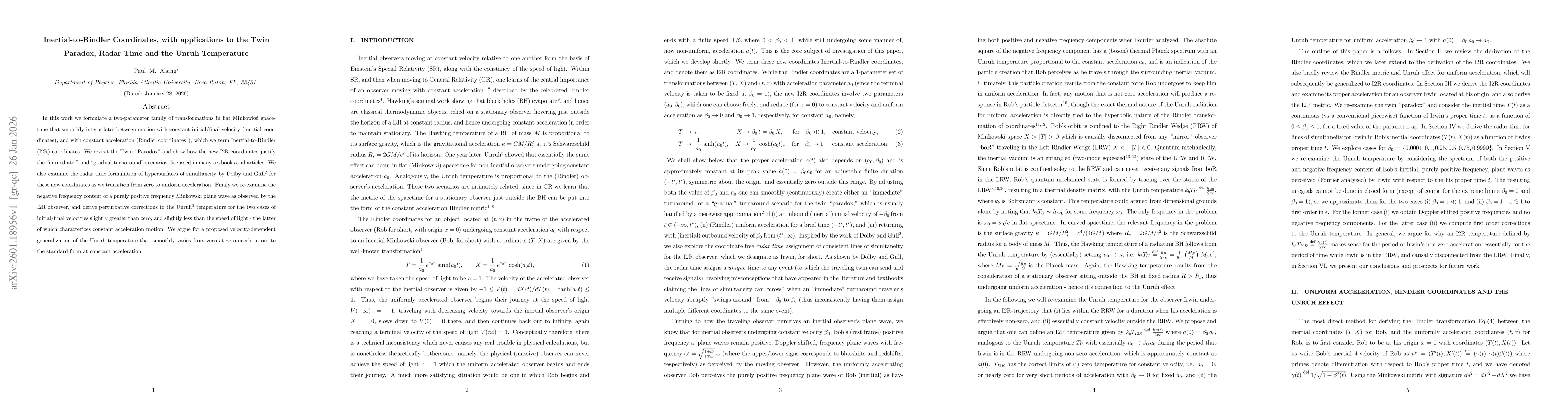 Thumbnail for Inertial-to-Rindler Coordinates, with applications to the Twin Paradox, Radar Time and the Unruh Temperature