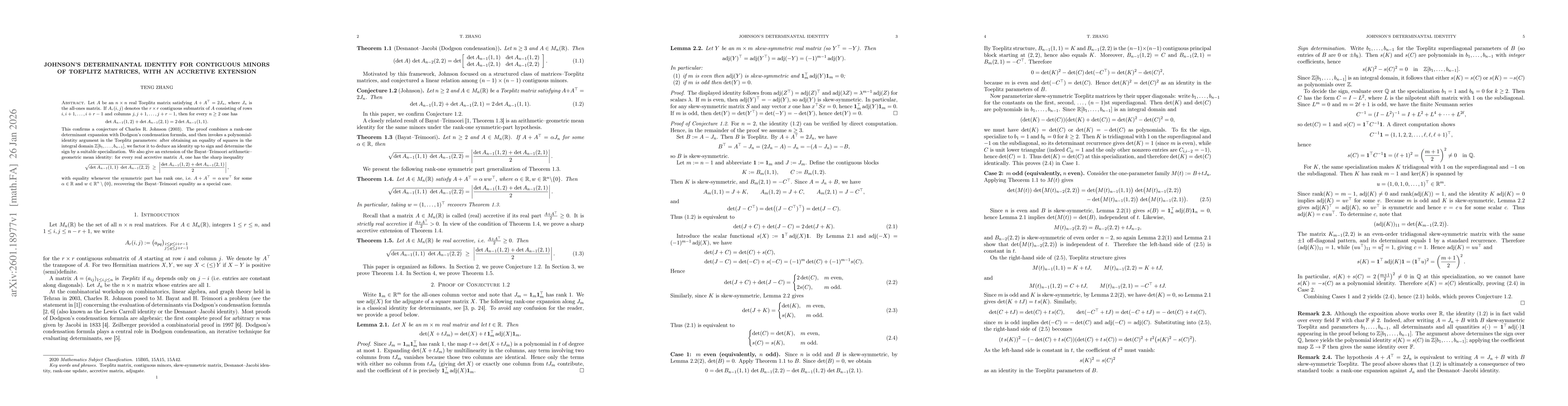 Thumbnail for Johnson's determinantal identity for contiguous minors of Toeplitz matrices, with an accretive extension