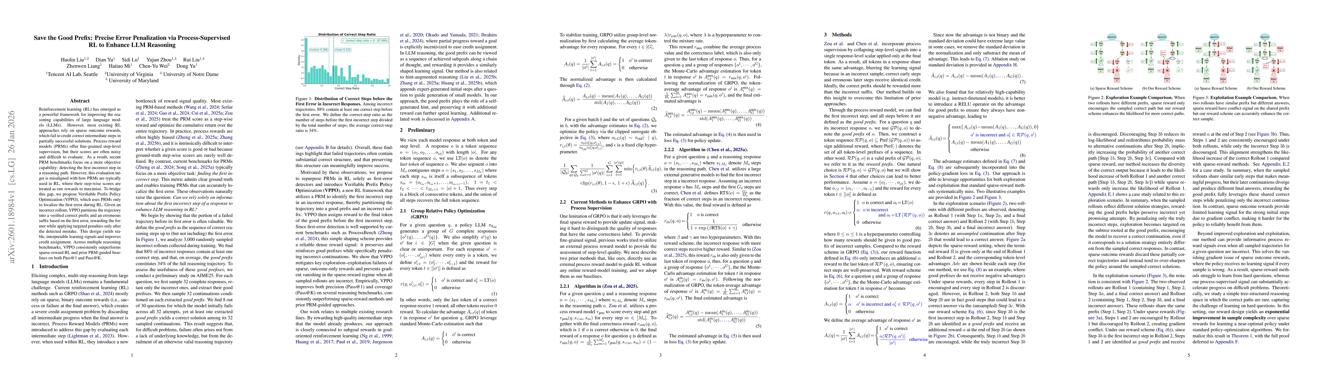 Thumbnail for Save the Good Prefix: Precise Error Penalization via Process-Supervised RL to Enhance LLM Reasoning