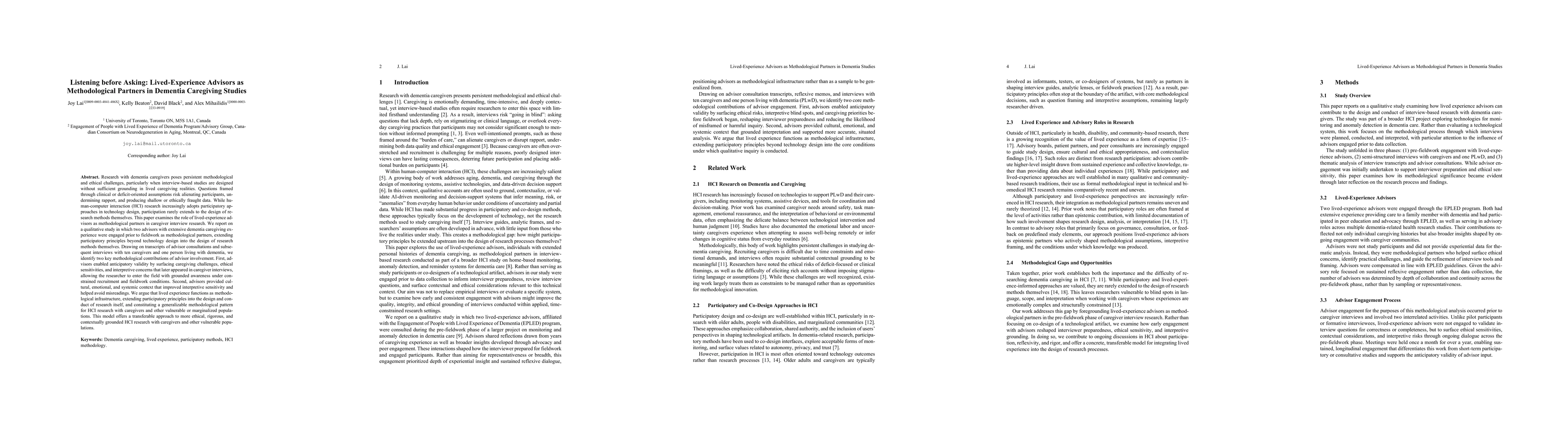 Thumbnail for Listening before Asking: Lived-Experience Advisors as Methodological Partners in Dementia Caregiving Studies