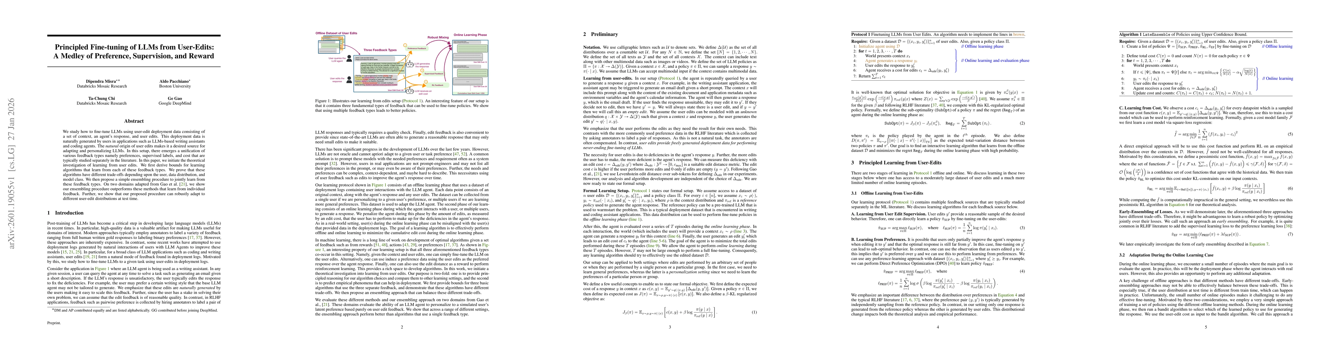 Thumbnail for Principled Fine-tuning of LLMs from User-Edits: A Medley of Preference, Supervision, and Reward