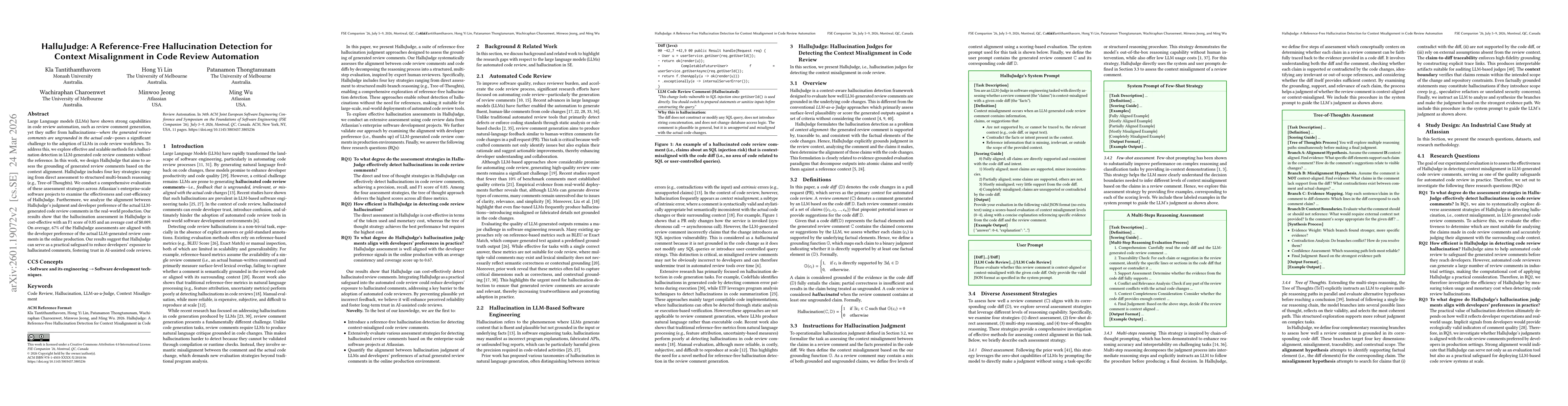 Thumbnail for HalluJudge: A Reference-Free Hallucination Detection for Context Misalignment in Code Review Automation