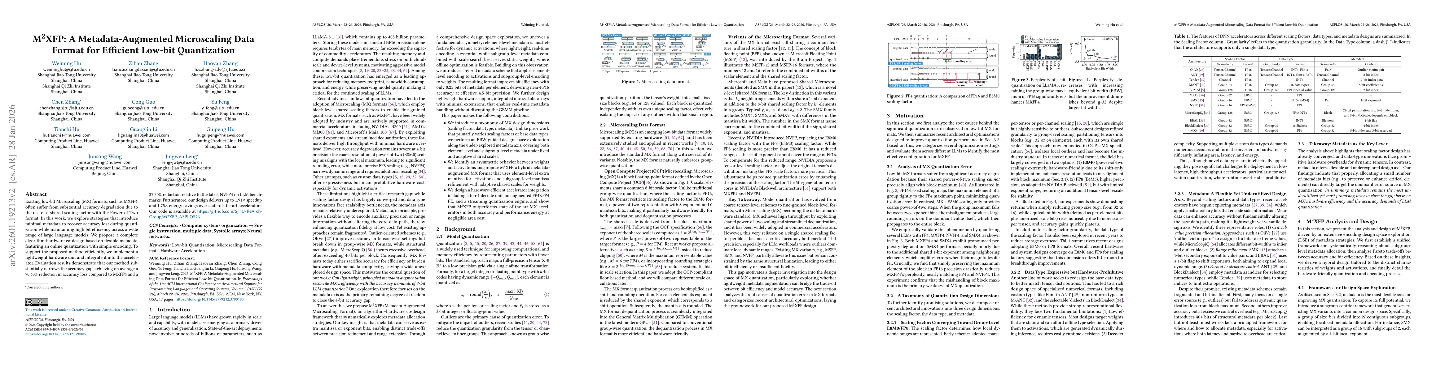 Thumbnail for M$^{\text{2}}$XFP: A Metadata-Augmented Microscaling Data Format for Efficient Low-bit Quantization