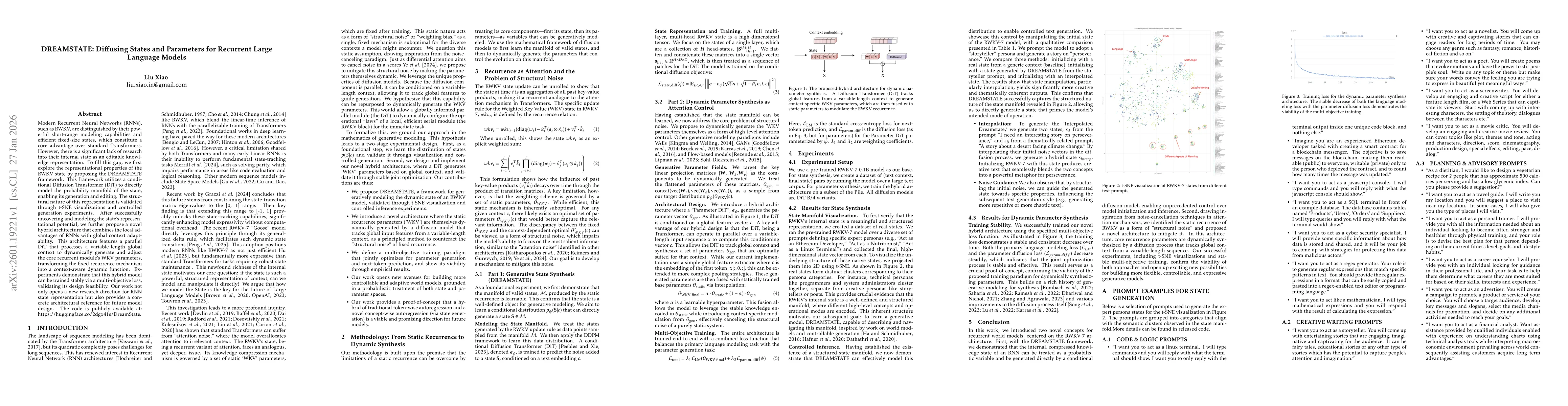 Thumbnail for DREAMSTATE: Diffusing States and Parameters for Recurrent Large Language Models