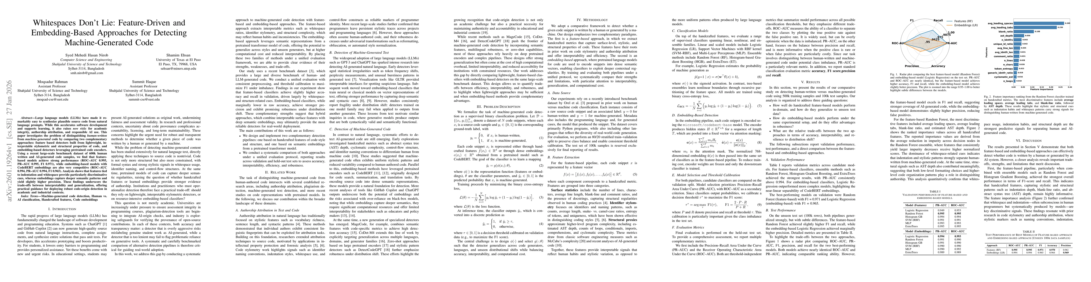 Thumbnail for Whitespaces Don't Lie: Feature-Driven and Embedding-Based Approaches for Detecting Machine-Generated Code