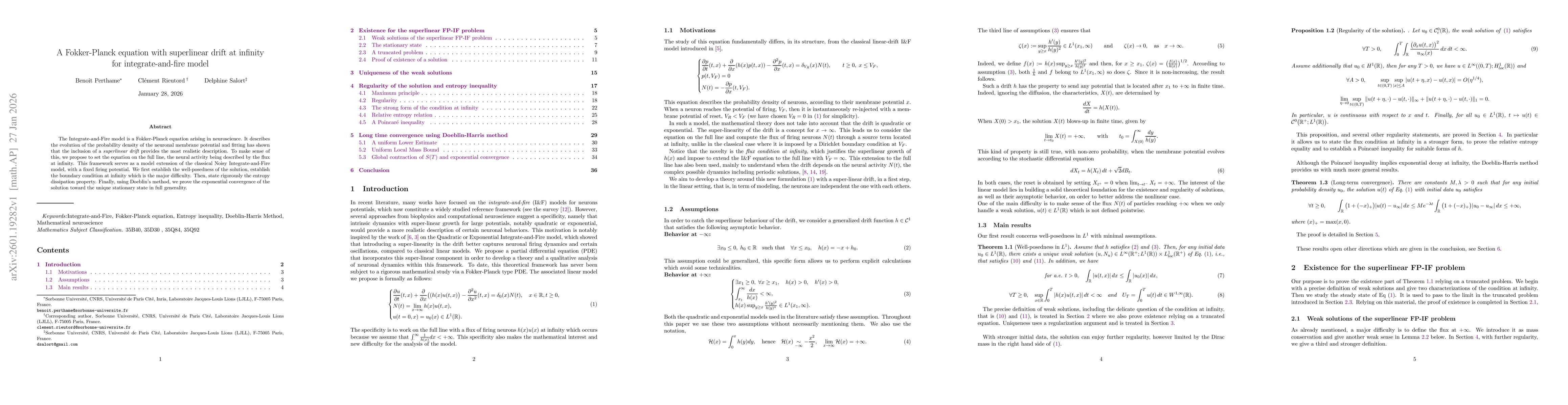 Thumbnail for A Fokker-Planck equation with superlinear drift at infinity for Integrate-and-Fire model