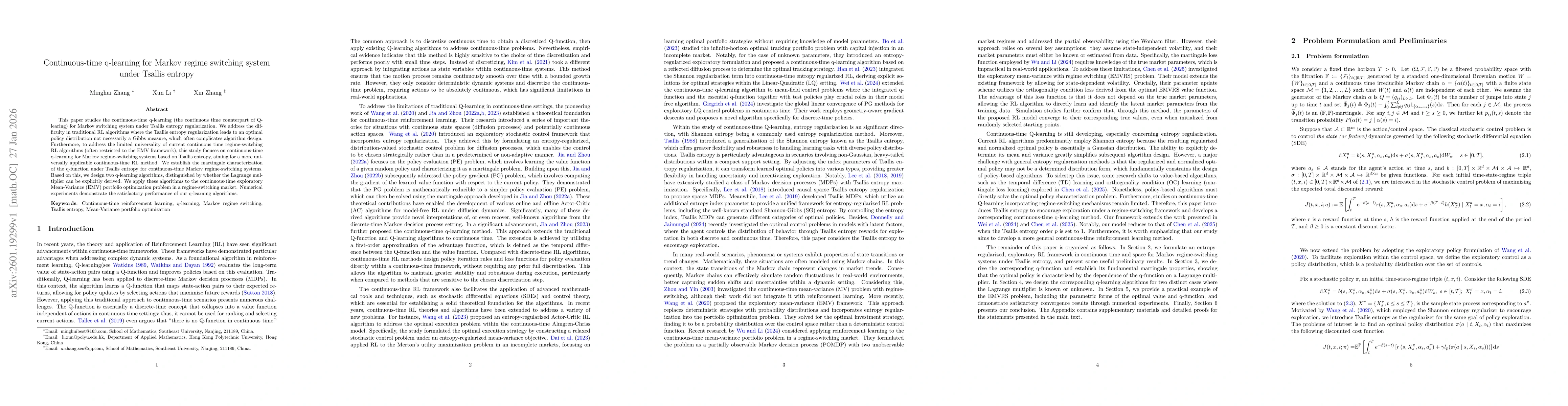 Thumbnail for Continuous-time q-learning for Markov regime switching system under Tsallis entropy