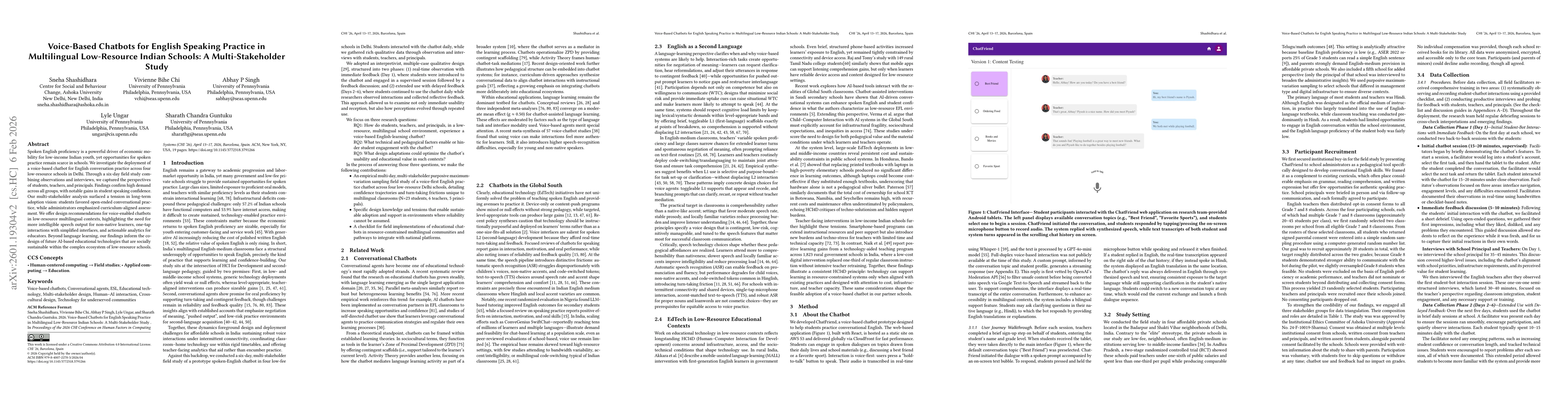 Thumbnail for Voice-Based Chatbots for English Speaking Practice in Multilingual Low-Resource Indian Schools: A Multi-Stakeholder Study