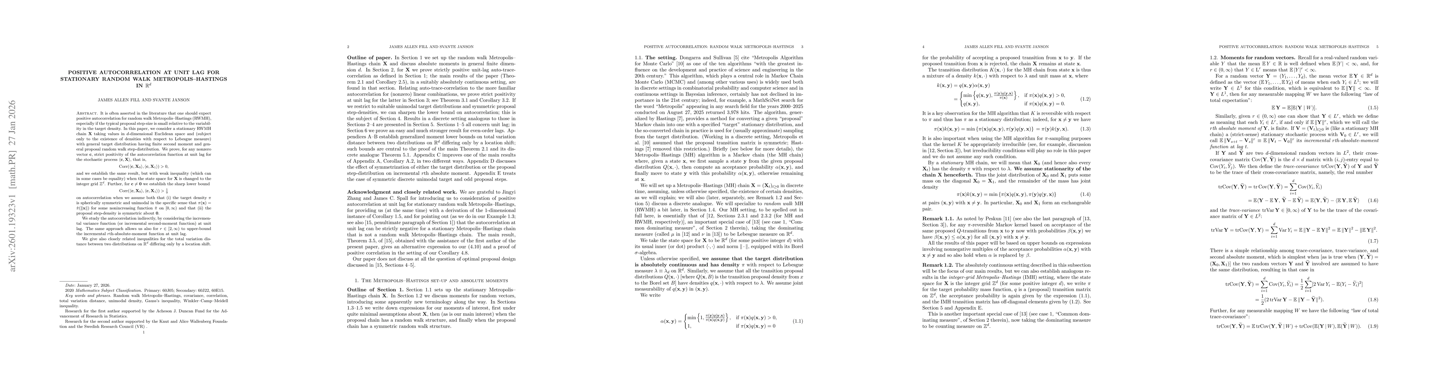 Thumbnail for Positive autocorrelation at unit lag for stationary random walk Metropolis-Hastings in ${\mathbb R}^d$
