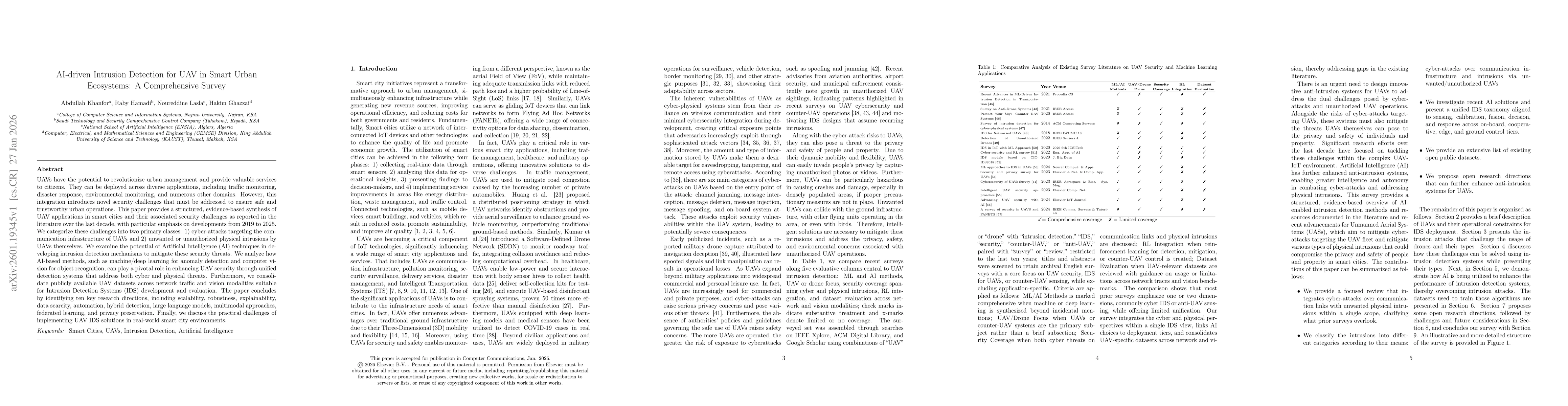 Thumbnail for AI-driven Intrusion Detection for UAV in Smart Urban Ecosystems: A Comprehensive Survey