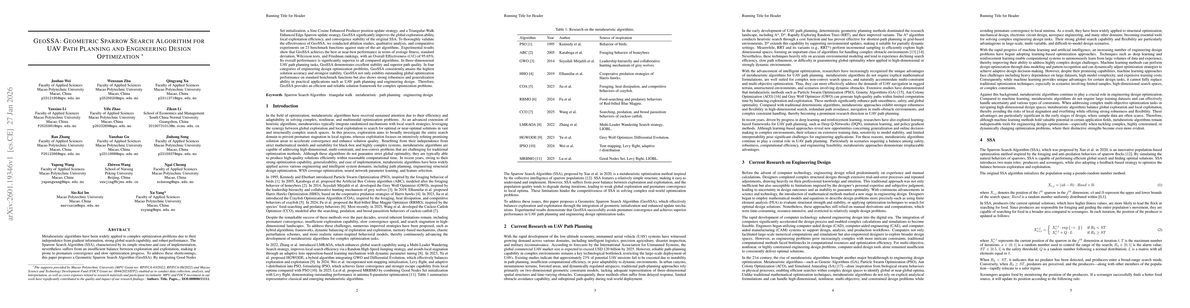 Thumbnail for GeoSSA: Geometric Sparrow Search Algorithm for UAV Path Planning and Engineering Design Optimization